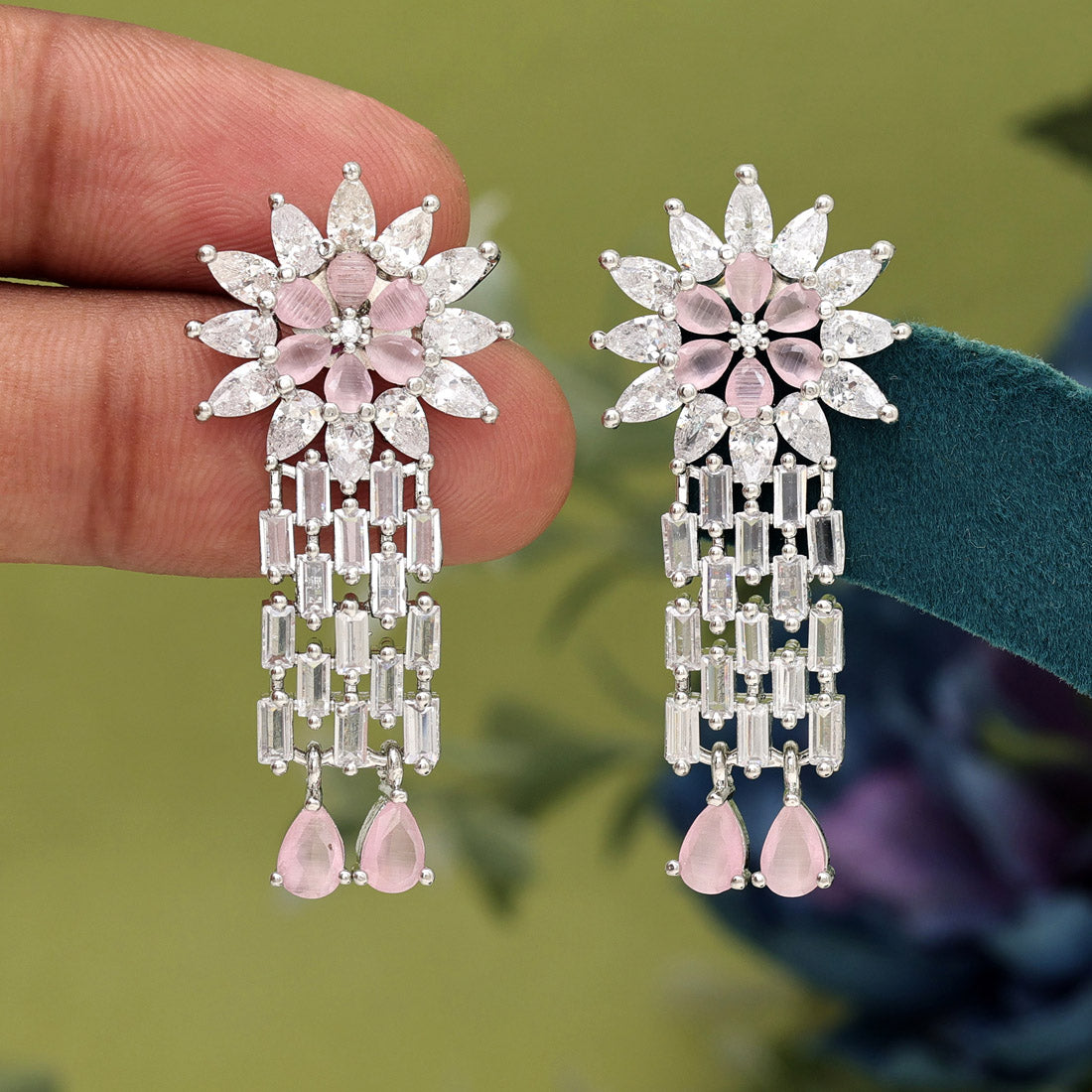 Pink Color American Diamond Earrings