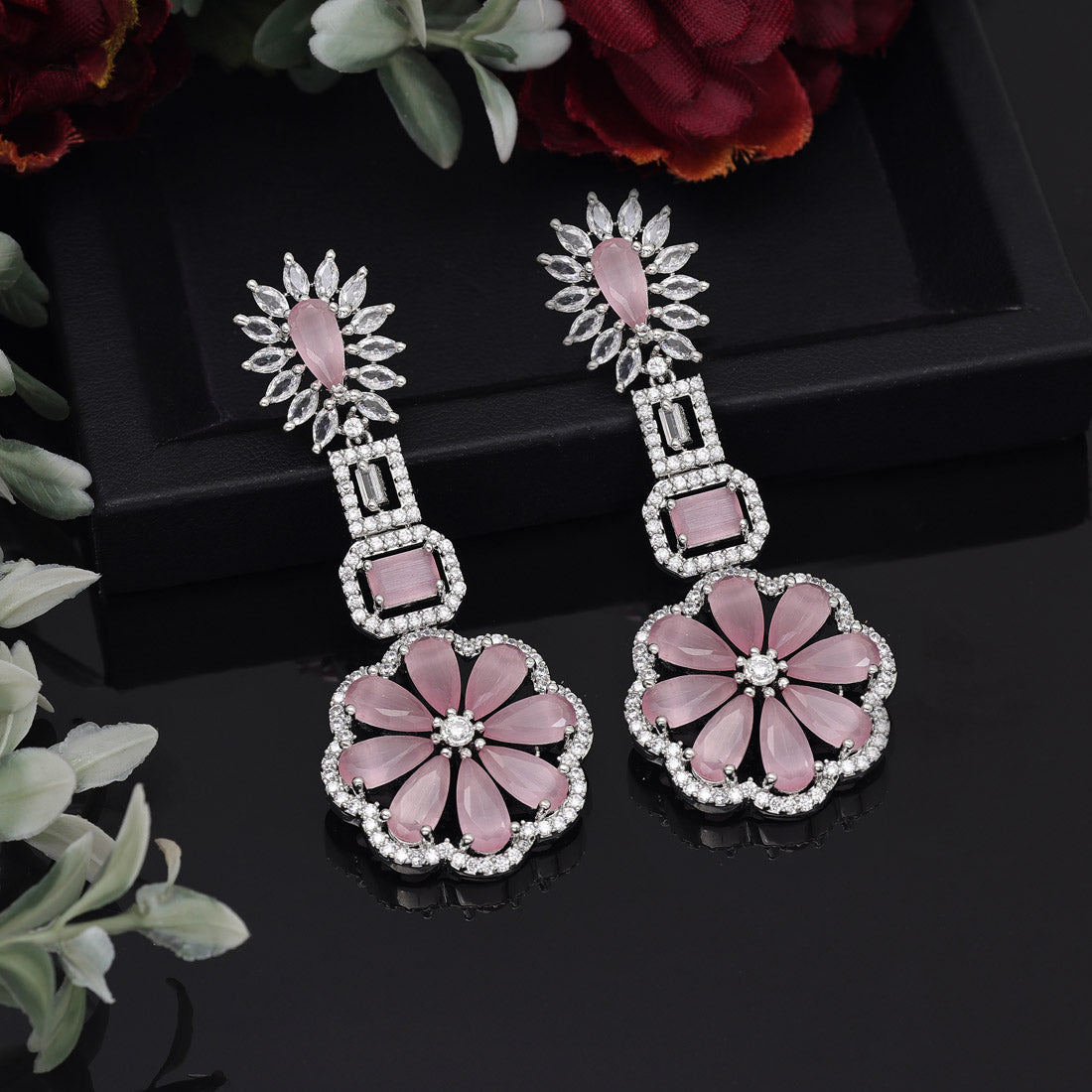 Pink Color American Diamond Earrings