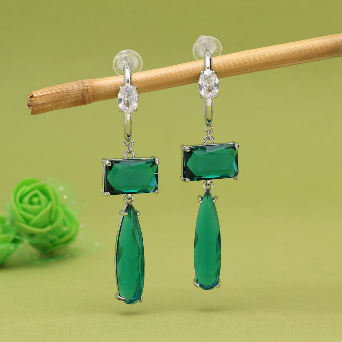 Green Color American Diamond Earrings