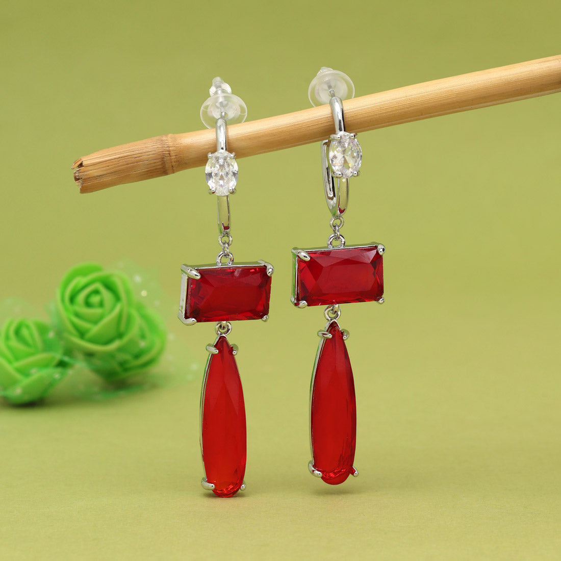 Red Color American Diamond Earrings