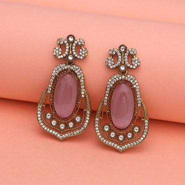Pink Color Royal Look Handmade Jaipur Earrings On Brass Metal With American Diamond And Monalisa Stones Studded On Apala Polish