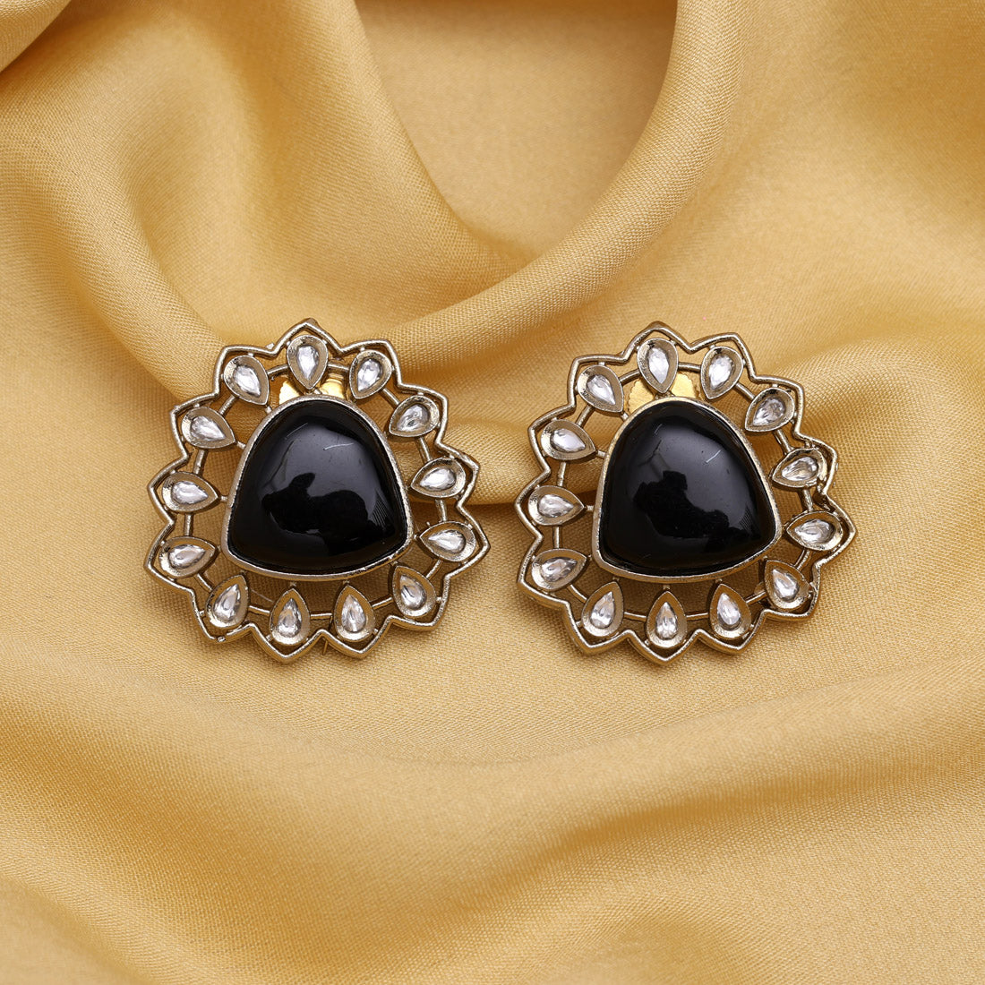 Black Color Royal Look Handmade Jaipur Earrings On Brass Metal With American Diamond And Monalisa Stones Studded On Apala Polish