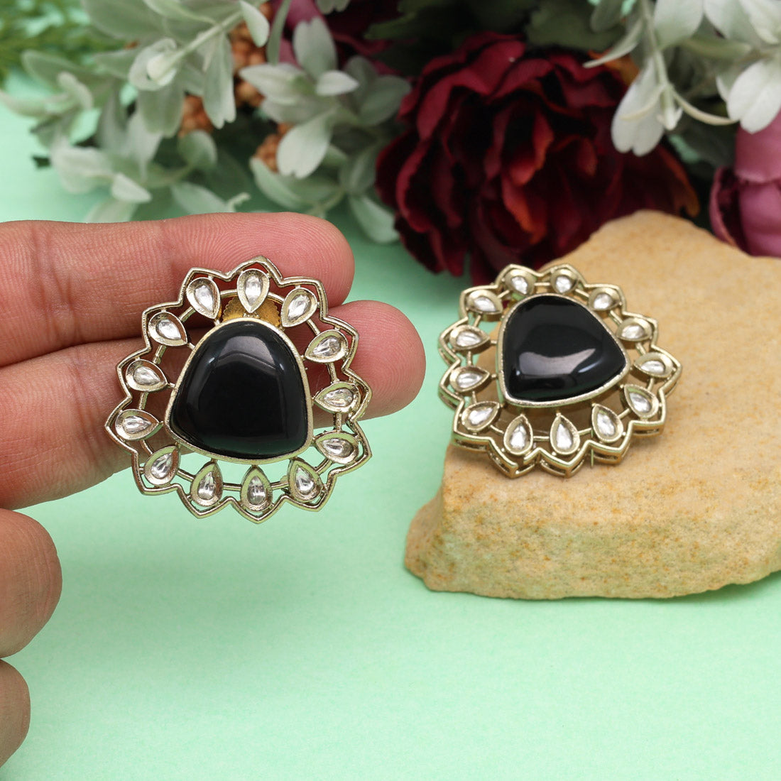 Black Color Royal Look Handmade Jaipur Earrings On Brass Metal With American Diamond And Monalisa Stones Studded On Apala Polish