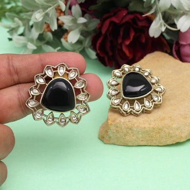 Black Color Royal Look Handmade Jaipur Earrings On Brass Metal With American Diamond And Monalisa Stones Studded On Apala Polish