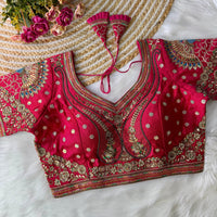 Rani pink heavy Italian silk readymade blouse with embroidery and sequence work