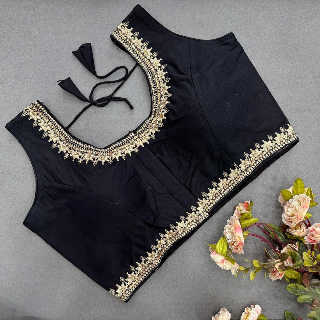 Black phantom silk readymade blouse with embroidery & handwork