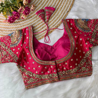 Rani pink heavy Italian silk readymade blouse with embroidery and sequence work