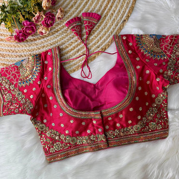 Rani pink heavy Italian silk readymade blouse with embroidery and sequence work