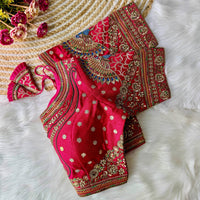 Rani pink heavy Italian silk readymade blouse with embroidery and sequence work