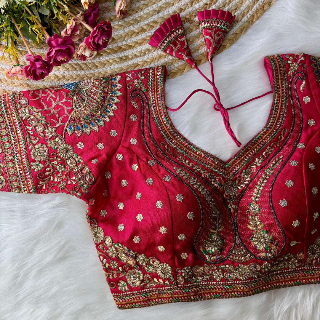 Rani pink heavy Italian silk readymade blouse with embroidery and sequence work