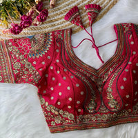 Rani pink heavy Italian silk readymade blouse with embroidery and sequence work