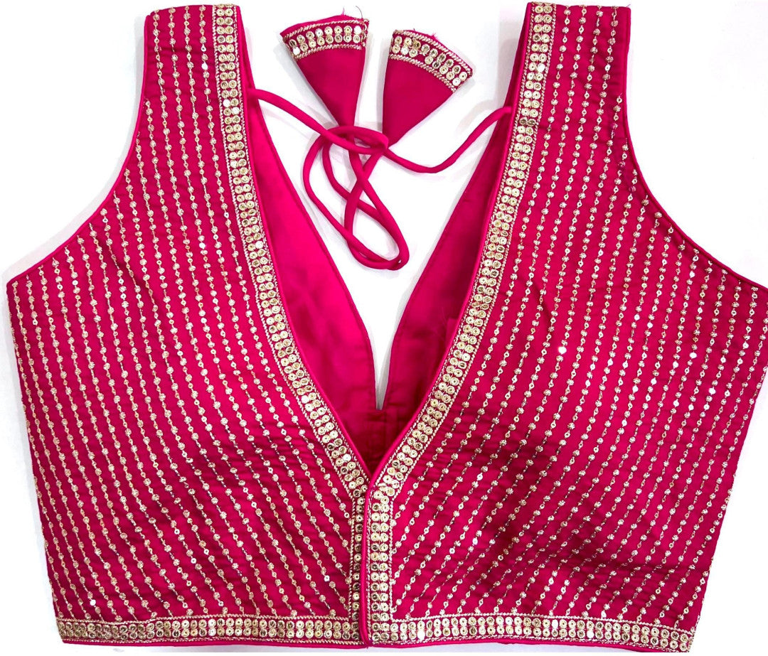 Rani pink roman silk readymade blouse with thread embroidery and sequance work