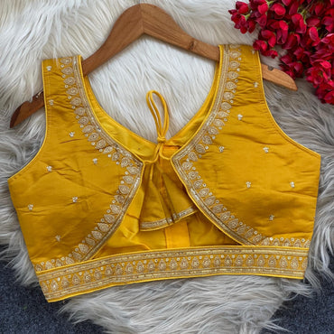 Yellow sequence and embroidery roman silk readymade blouse
