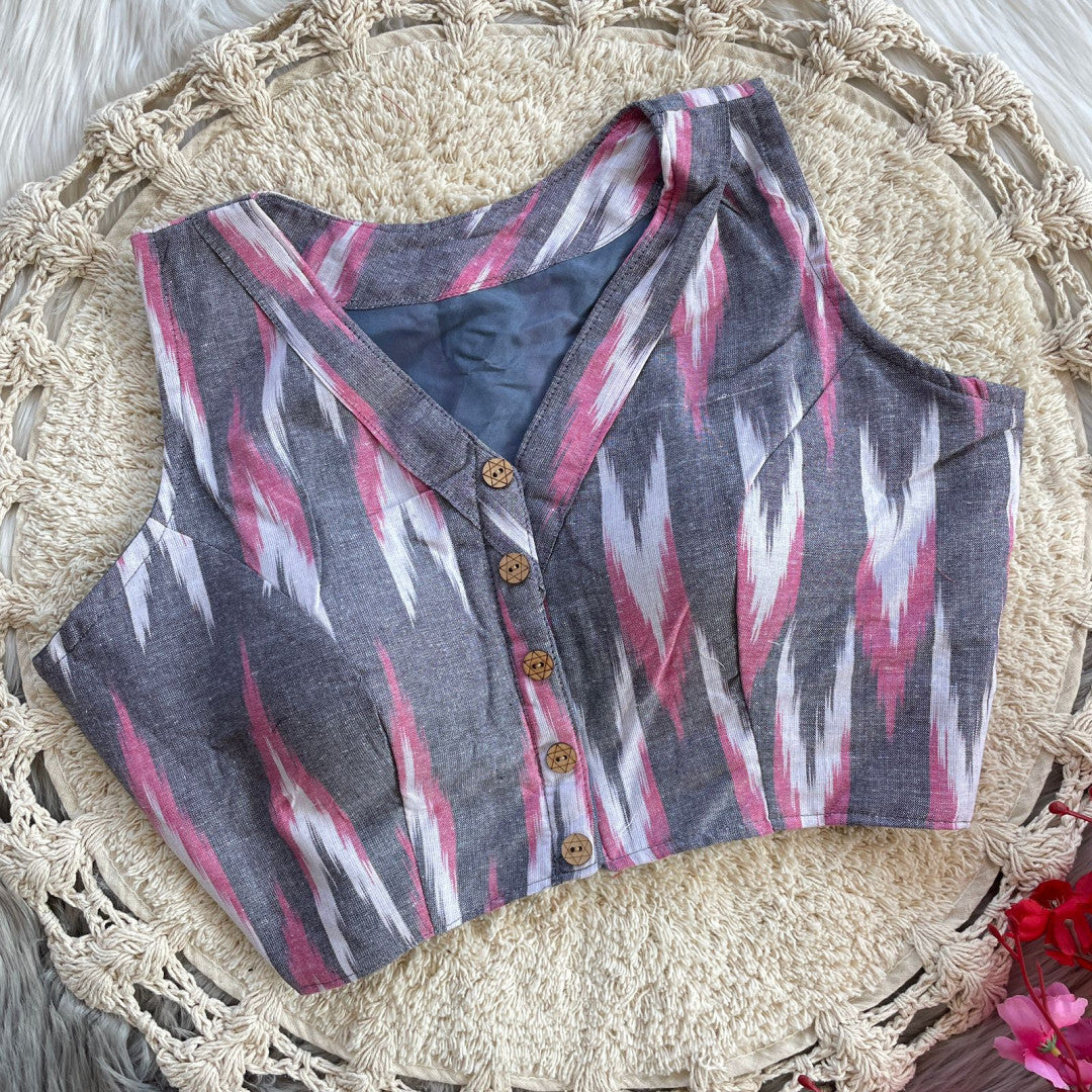 Gray ikkat handloom cotton printed readymade blouse