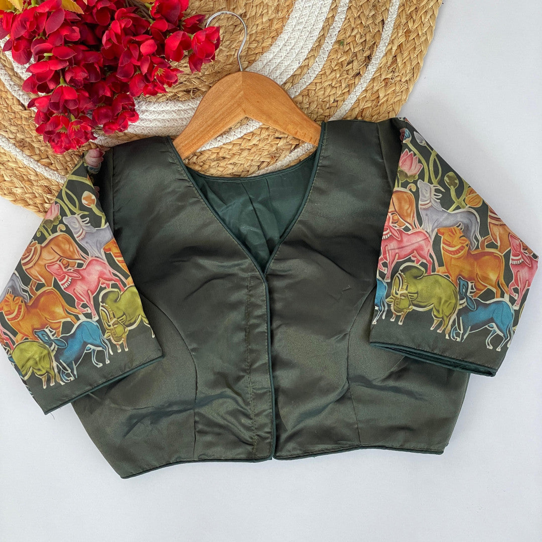 Green pichwai printed pure tissue silk readymade blouse