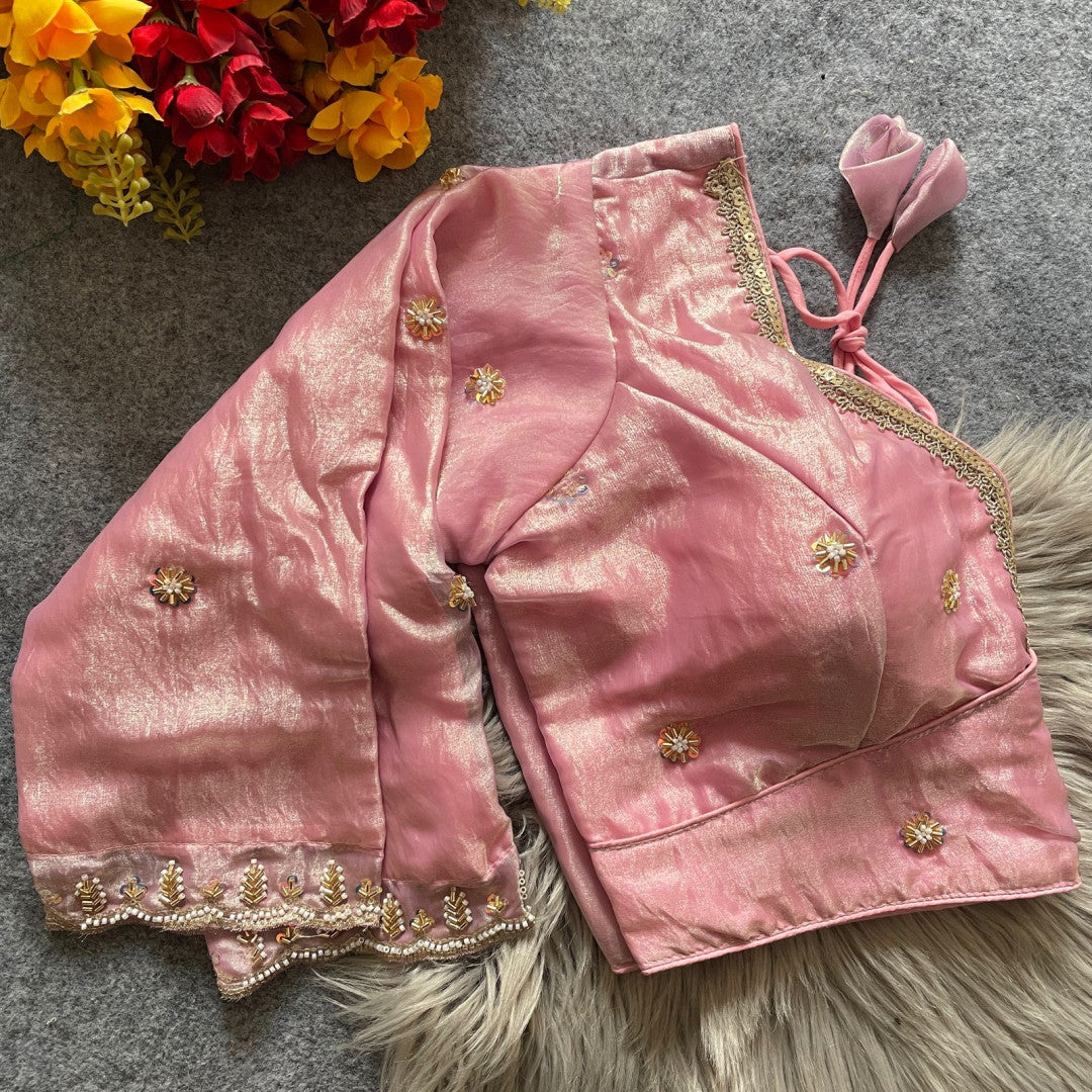 Baby pink pure fendy silk readymade blouse with sequence,hand & thared work