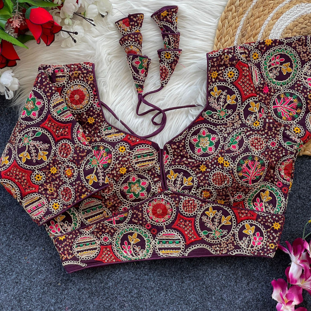 Magenta havey embroidery & sequence fox georgette readymade blouse