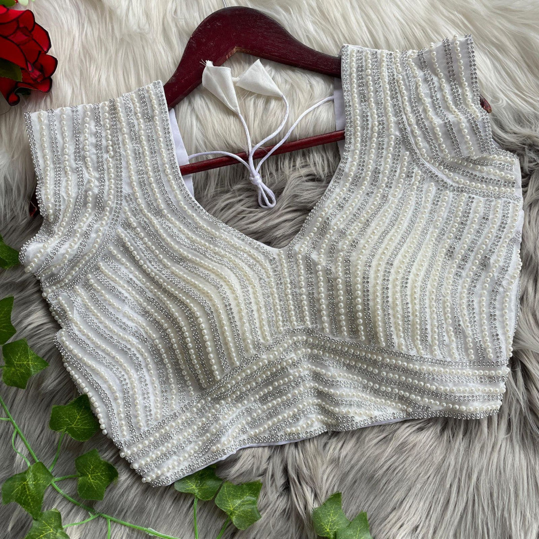 White soft silk readymade blouse with handcrafted pearl work