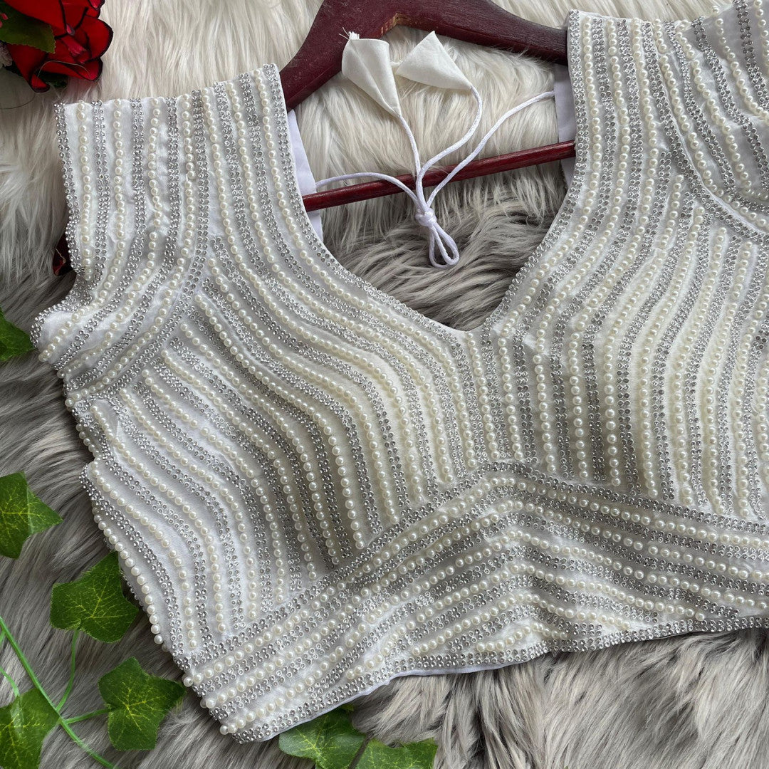 White soft silk readymade blouse with handcrafted pearl work