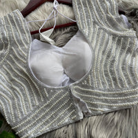 White soft silk readymade blouse with handcrafted pearl work