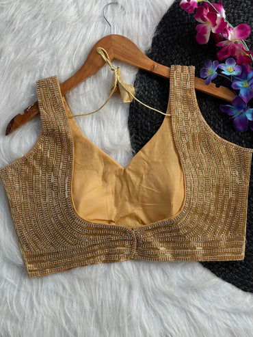 Beige handcrafted moti and pipe hand work readymade blouse