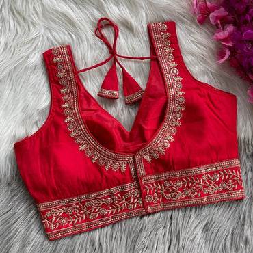 Red heavy roman silk readymade blouse with embroidery and sequence