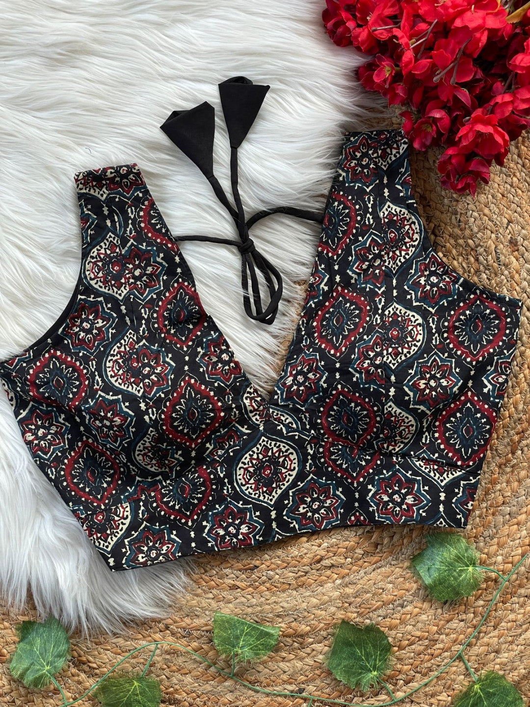 Navy blue ajarakh printed cotton readymade blouse