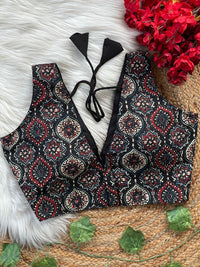 Navy blue ajarakh printed cotton readymade blouse