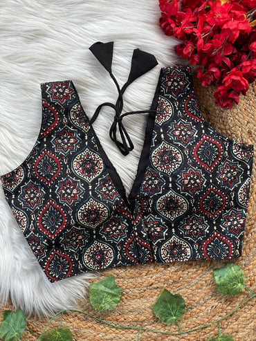 Navy blue ajarakh printed cotton readymade blouse