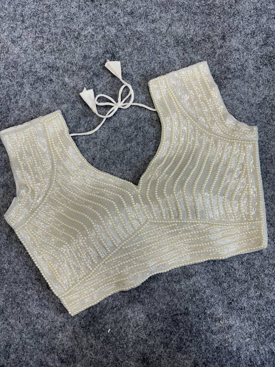 Off white soft silk readymade blouse with handcrafted pearl & pipe work