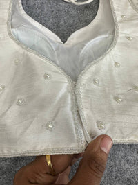 Off white soft silk readymade blouse with handcrafted pearl & pipe work