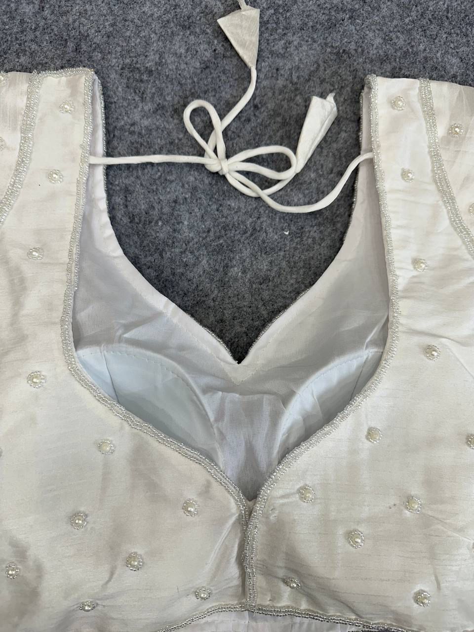 Off white soft silk readymade blouse with handcrafted pearl & pipe work
