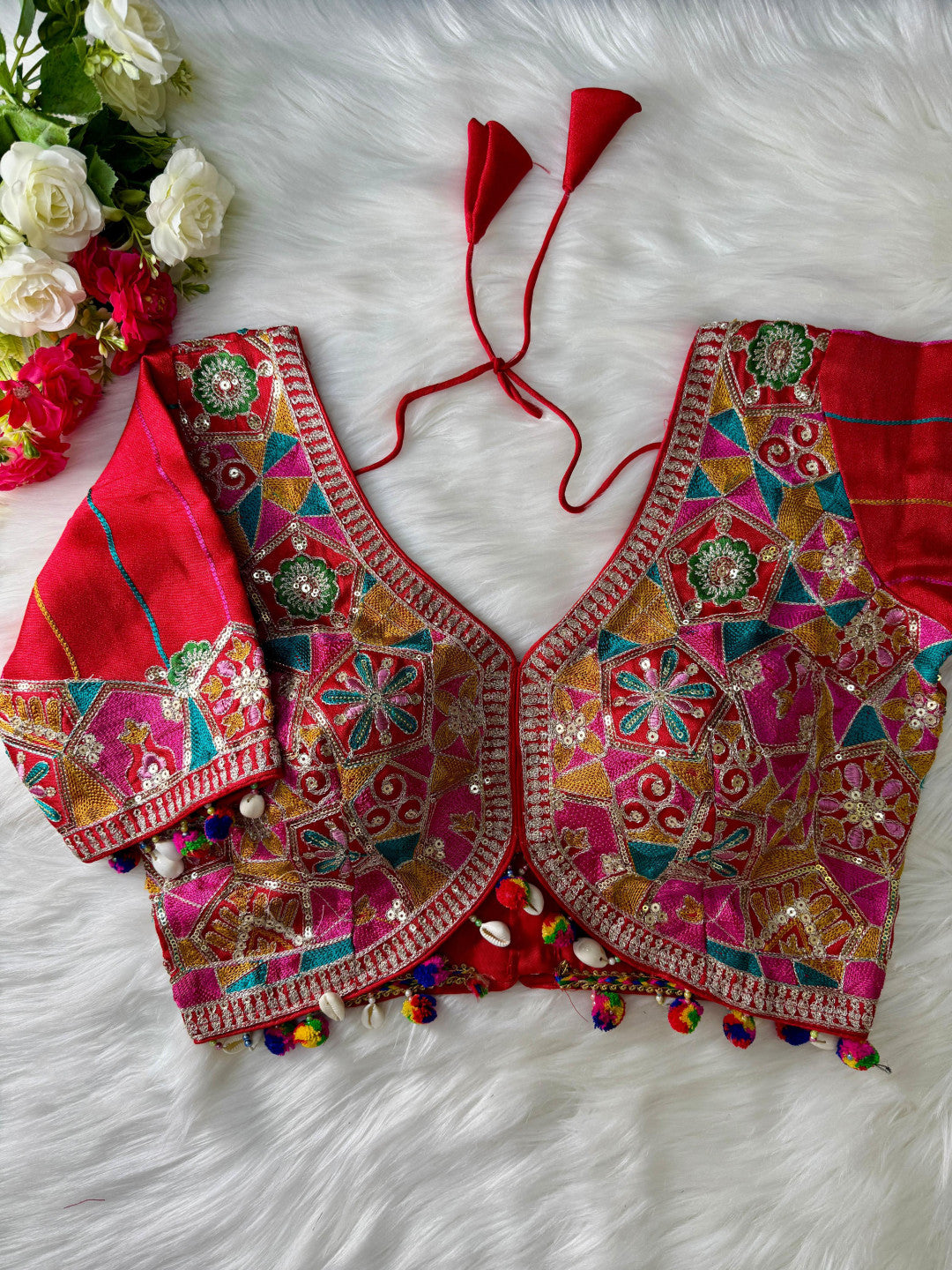 Red pink italian silk traditional navratri special apple cut readymade