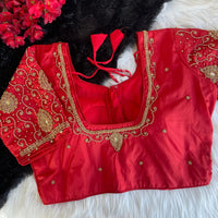 Red pure pattu silk readymade blouse with hand work