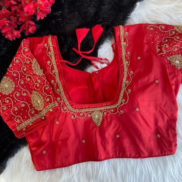 Red pure pattu silk readymade blouse with hand work