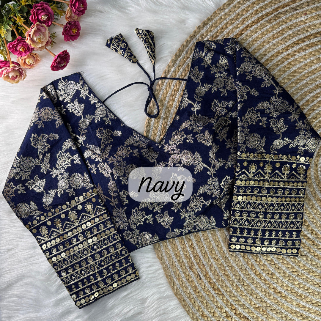 Navy blue dola silk readymade blouse with embroidery work