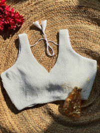 White soft silk readymade blouse with handcrafted pearl work