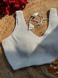 White soft silk readymade blouse with handcrafted pearl work