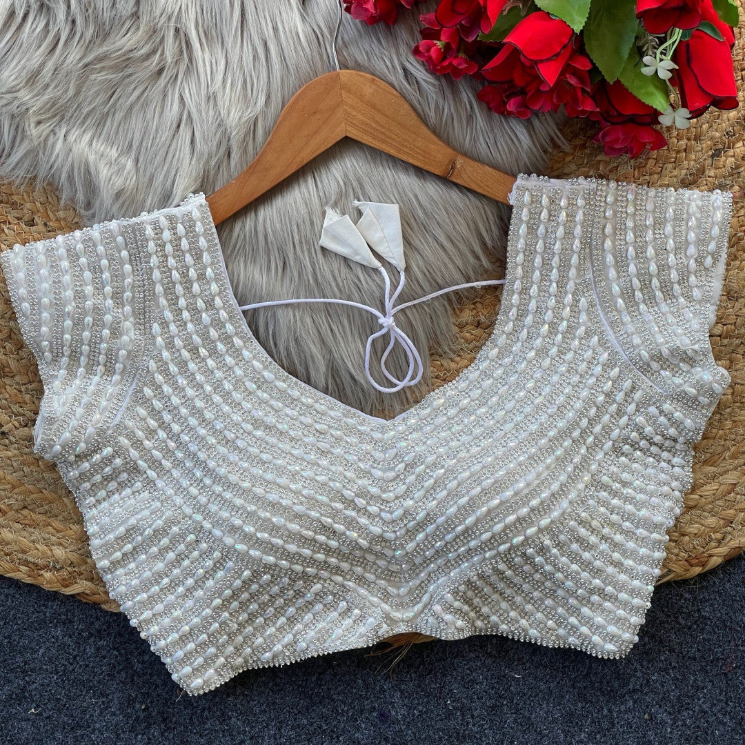 White soft silk readymade blouse with handcrafted pearl work