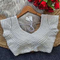 White soft silk readymade blouse with handcrafted pearl work