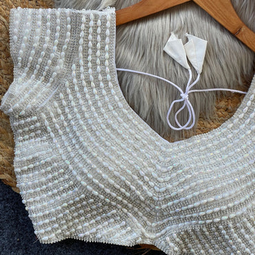 White soft silk readymade blouse with handcrafted pearl work