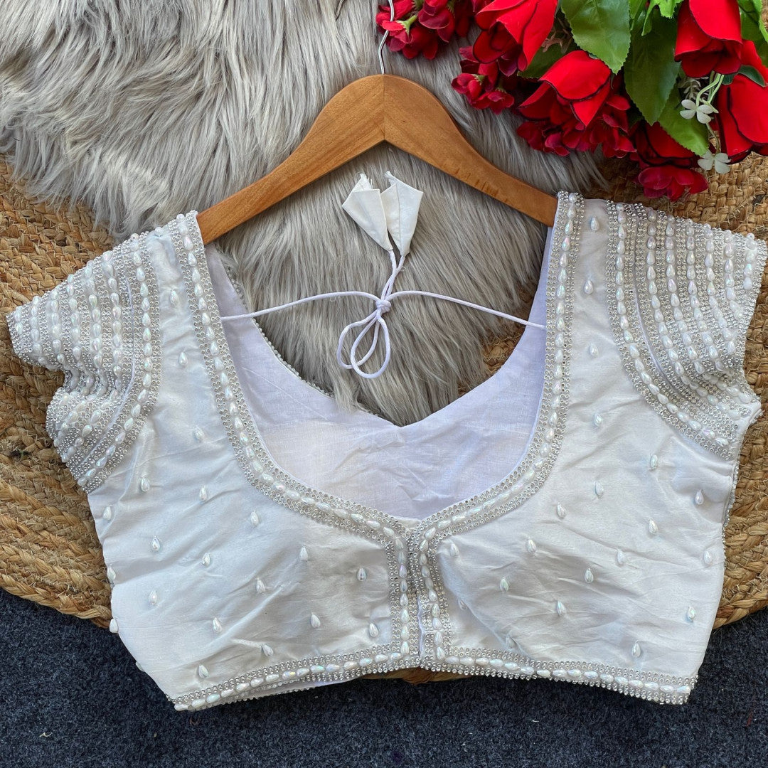 White soft silk readymade blouse with handcrafted pearl work