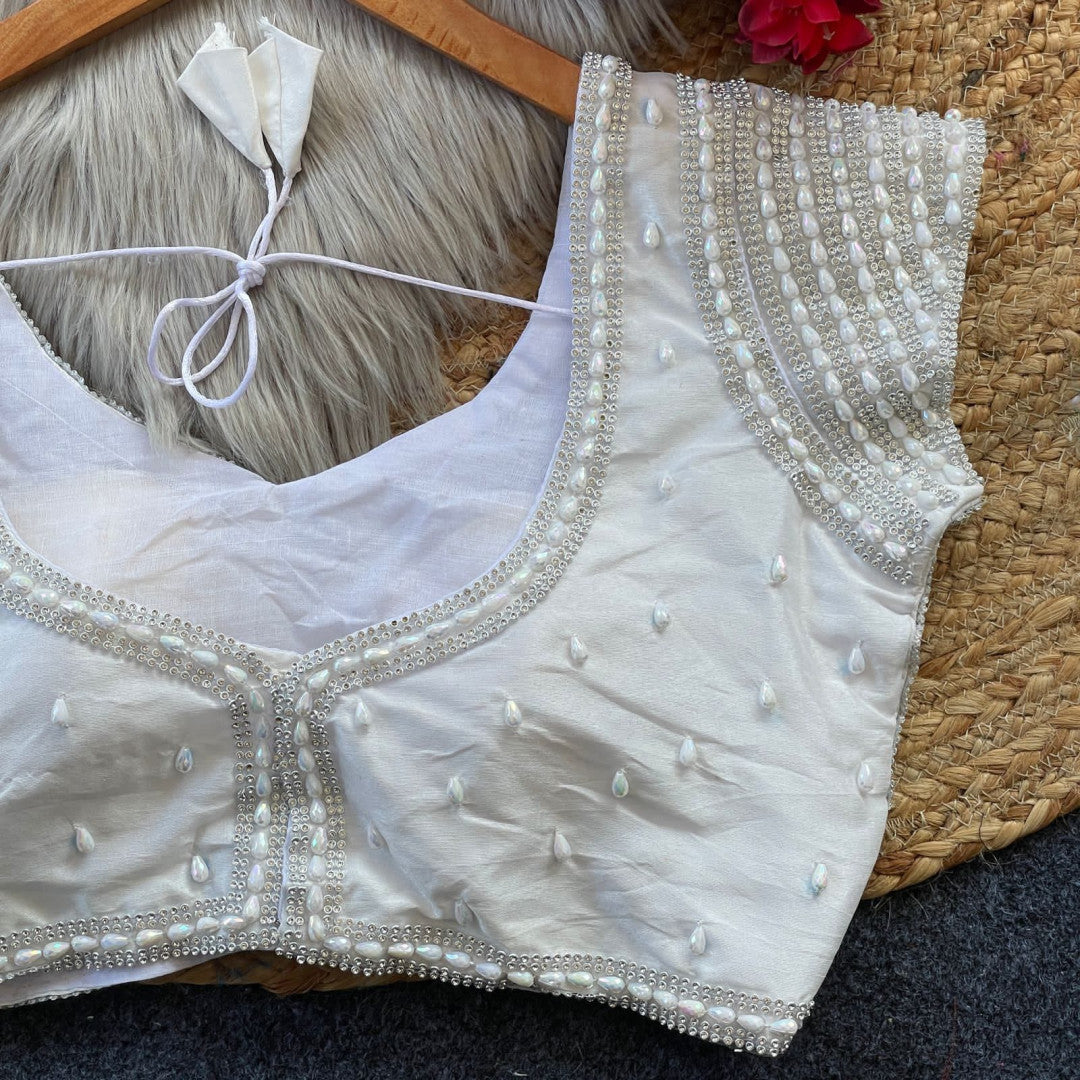 White soft silk readymade blouse with handcrafted pearl work