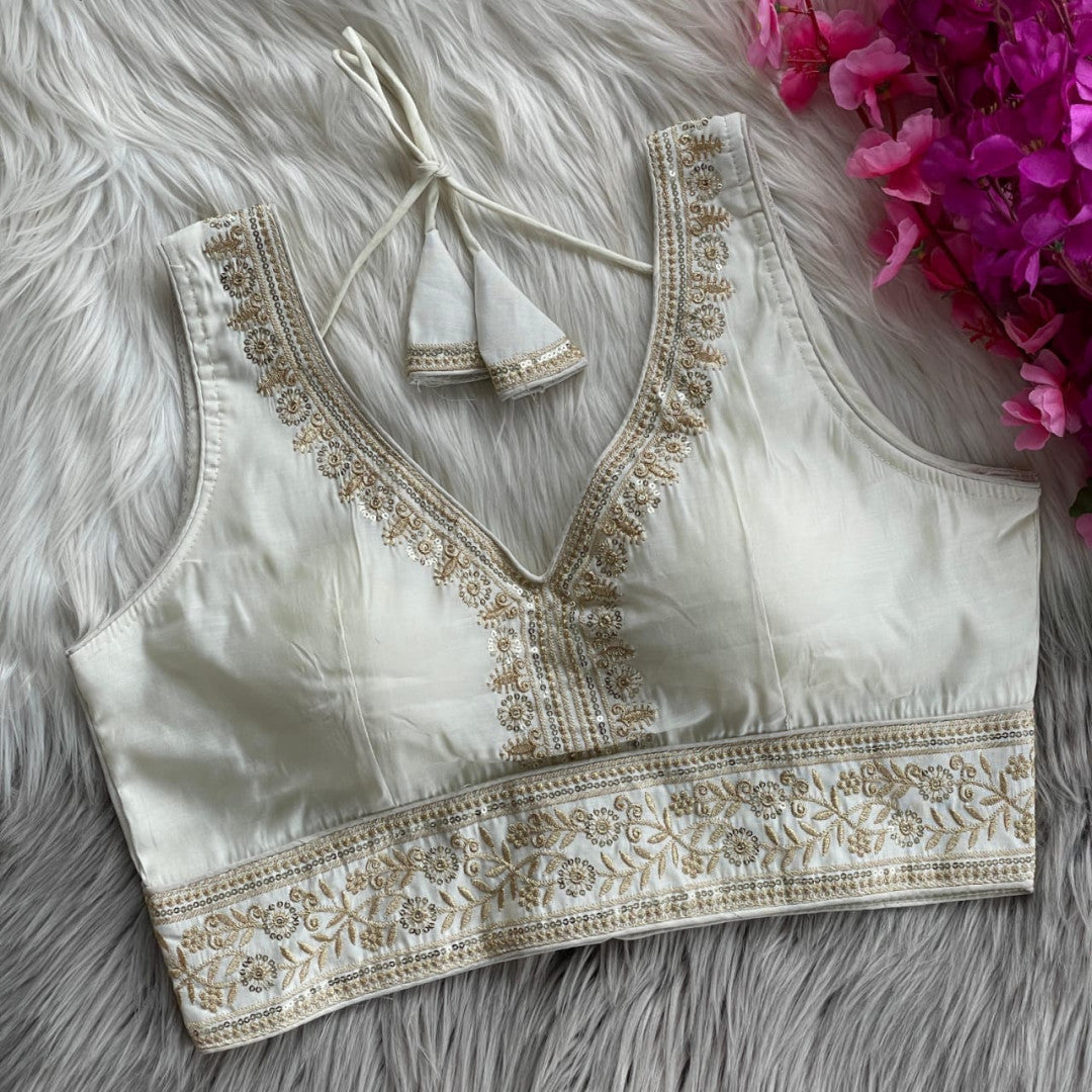White heavy roman silk readymade blouse with embroidery and sequence work