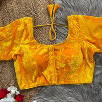 Yellow velvet readymade fancy blouse with emboss flower work