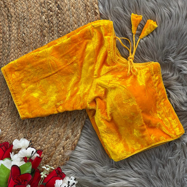 Yellow velvet readymade fancy blouse with emboss flower work