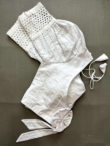 White hakoba cotton jaipuri goli readymade blouse with chikankari work