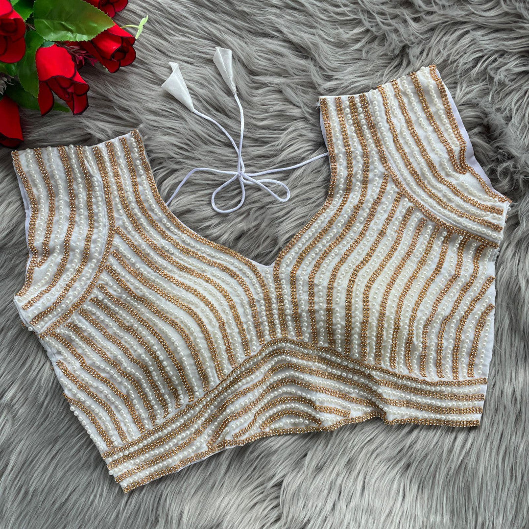 Cream soft silk readymade blouse with handcrafted pearl work