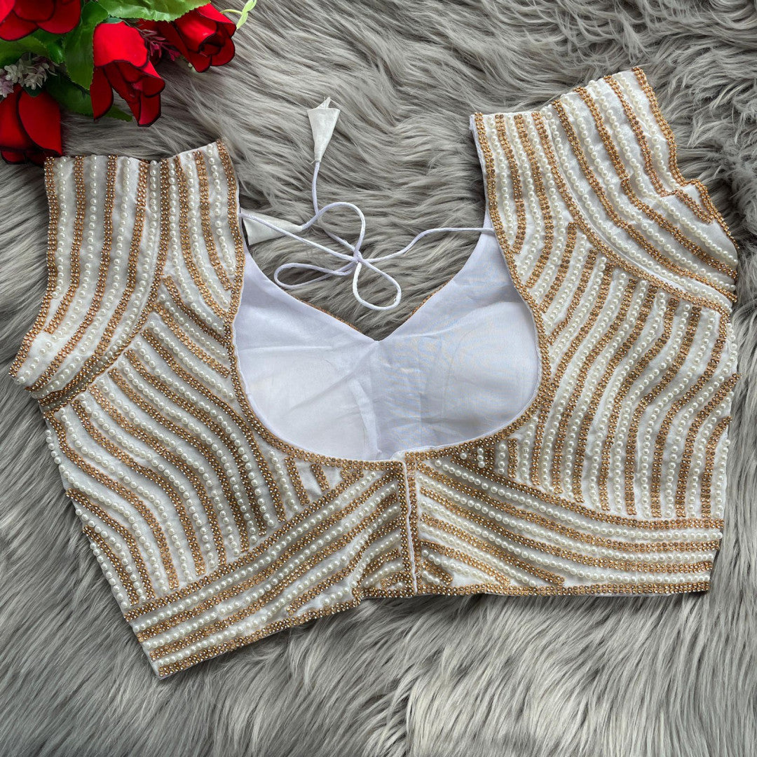 Cream soft silk readymade blouse with handcrafted pearl work