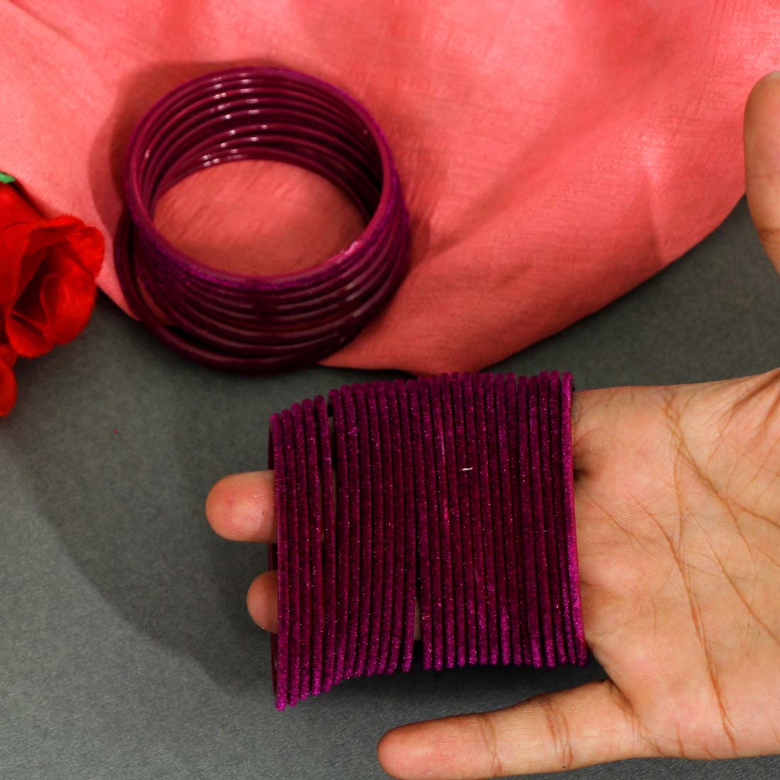 Magenta Color 4 Set Of Velvet Fashion Bangles Combo Size(2 Set Of 2.6, 2 Set Of 2.8)